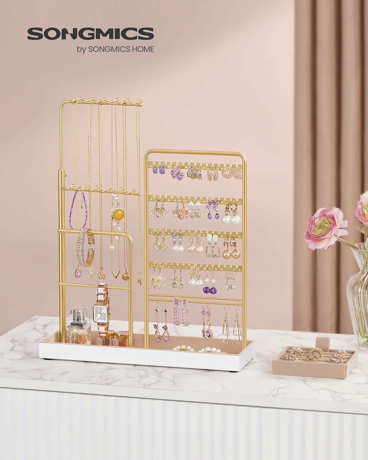 Jewelry Holder, Jewelry Storage Organizer Stand with Metal Frame, Velvet Tray, 12.1 to 18.7 Inches Tall Height Adjustable Necklace Holder, for Rings, Earrings, Pale Gold UJJS026A01