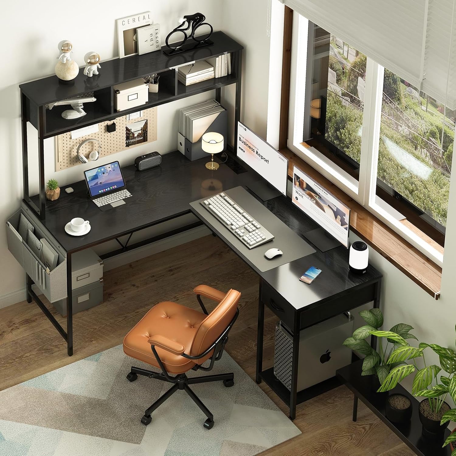 L Shaped Desk Gaming Desk with LED Strip & Power Outlet, Reversible L-Shaped Computer Desk with Storage Shelf & Drawer, Corner Desk with Storage Bag, 2 Person Home Office Desk, Black