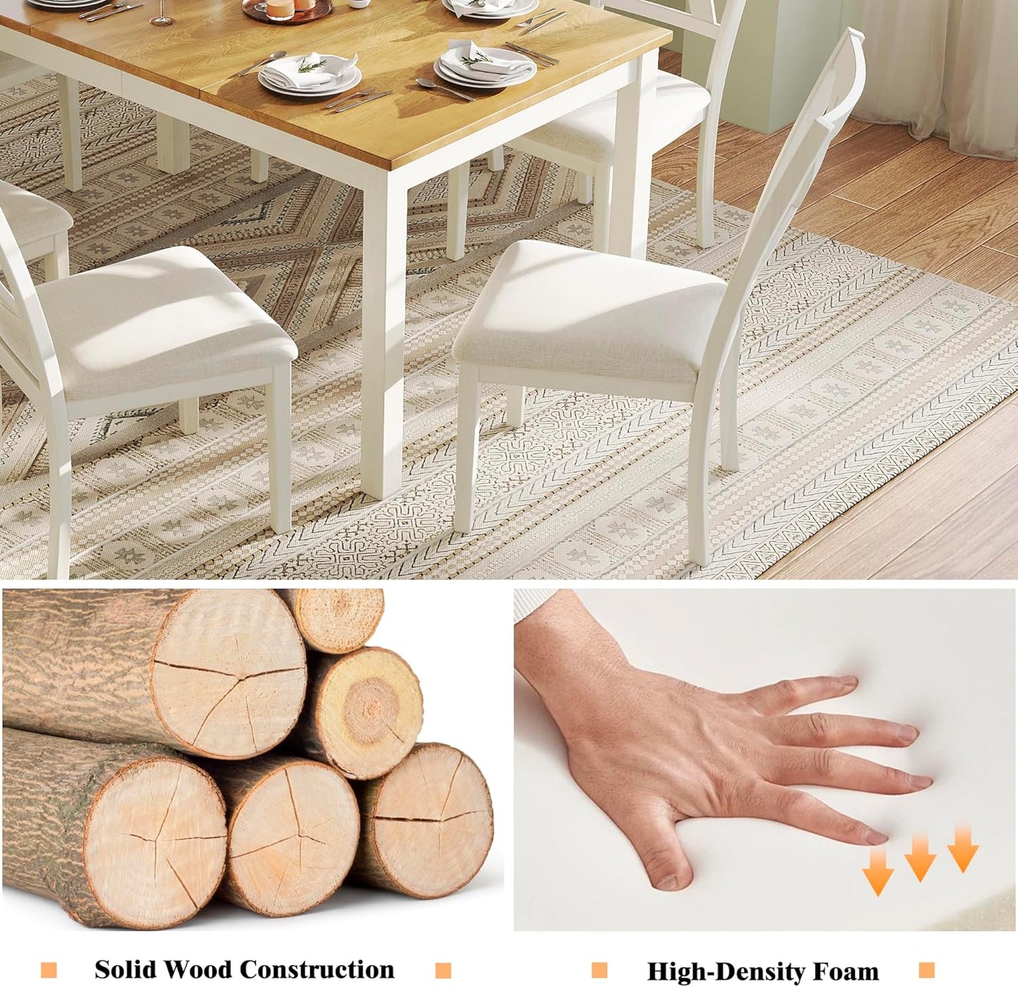 7-Piece Farmhouse Solid Wood Dining Table Set with 6 Chairs, 60" Rectangular Dining Table & Chair Set for 6 People, Dining Table with Wood Legs, Table Set for Dining Room, Kitchen, Rustic Cream