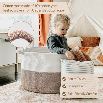 Xxxlarge Blanket Basket for Living Room 21.7" X 21.7" X 13.8"-Storage Basket with Handle for Organizing Toy Pillows Woven Cotton Rope Laundry Basket Stuffed Animal Toy Storage for Play Room