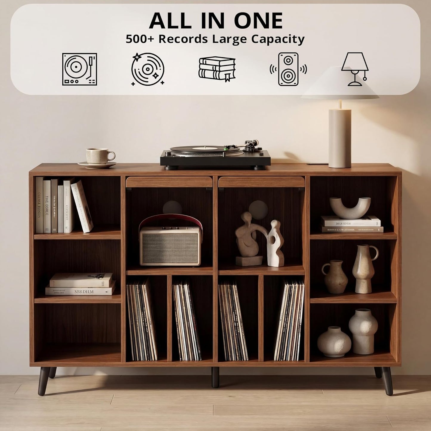Large Record Player Stand 55", Holds 600+ Vinyl Record Storage Cabinet with Charging Station, Mid Century Modern Turntable Stand for Living Room, Bedroom, Brown