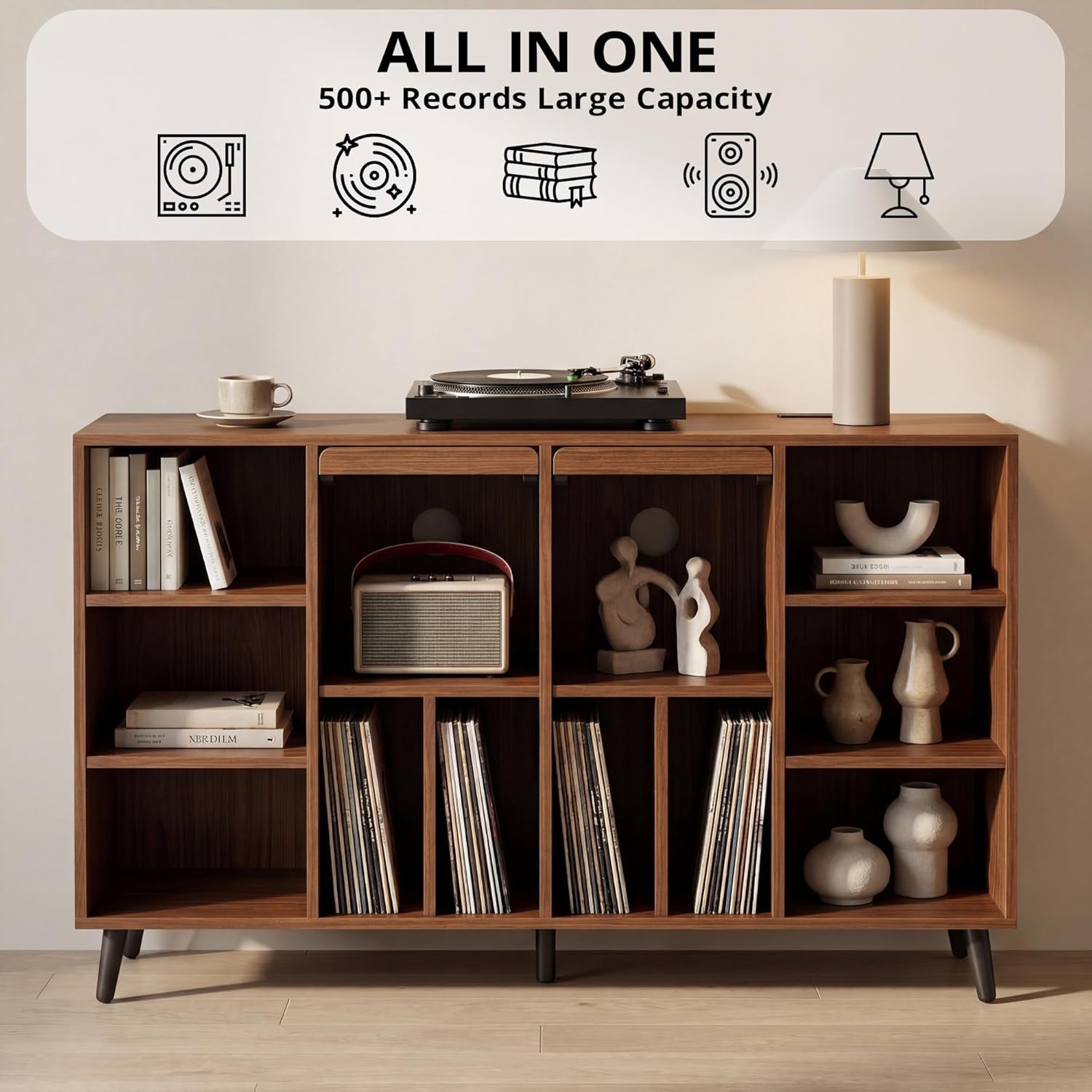 Large Record Player Stand 55", Holds 600+ Vinyl Record Storage Cabinet with Charging Station, Mid Century Modern Turntable Stand for Living Room, Bedroom, Brown