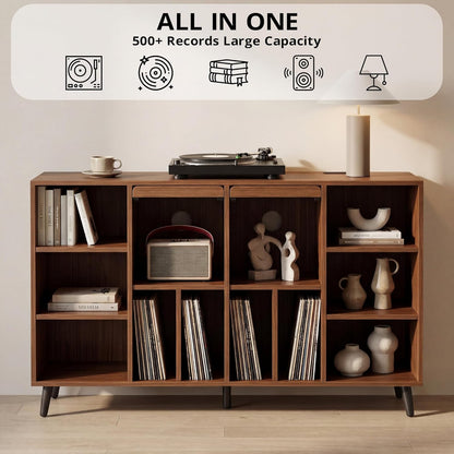 Large Record Player Stand 55", Holds 600+ Vinyl Record Storage Cabinet with Charging Station, Mid Century Modern Turntable Stand for Living Room, Bedroom, Brown