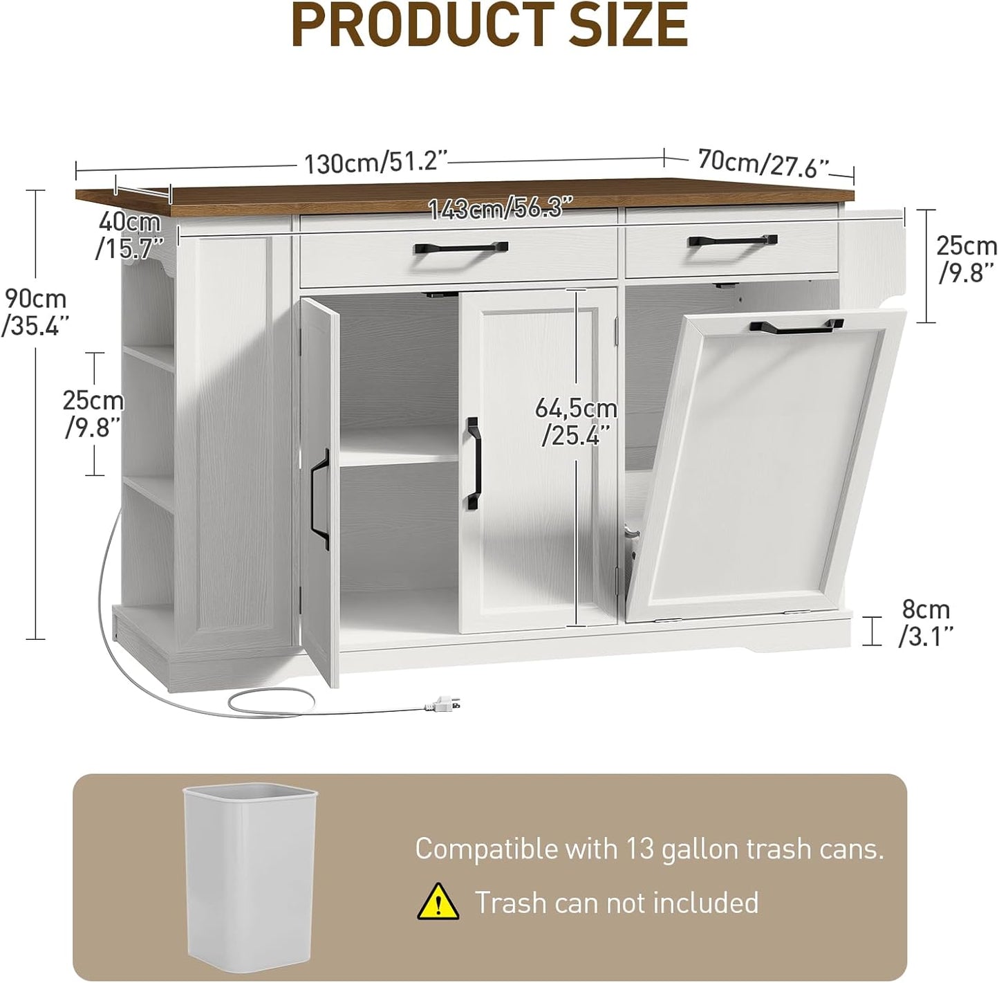 Kitchen Island with Power Outlet & Drop Leaf, Rolling Storage Cart with Trash Storage Cabinet,Farmhouse Mobile Island Table for Kitchen, Dining Room, Hidden Casters, White and Walnut