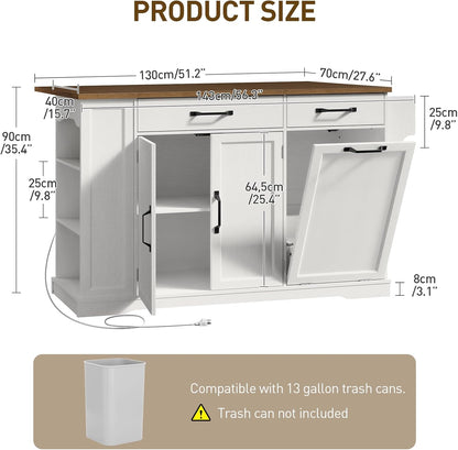 Kitchen Island with Power Outlet & Drop Leaf, Rolling Storage Cart with Trash Storage Cabinet,Farmhouse Mobile Island Table for Kitchen, Dining Room, Hidden Casters, White and Walnut