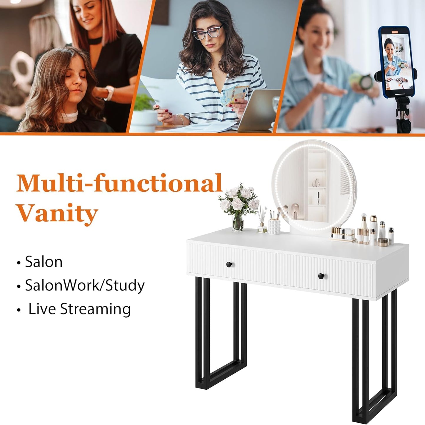 White Vanity Desk with Mirror and Lights, Small Makeup Vanity with 2 Drawers, Modern Vanity Organizer with 3 Color Lights＆Adjustable Brightness, Dressing Table for Bedroom