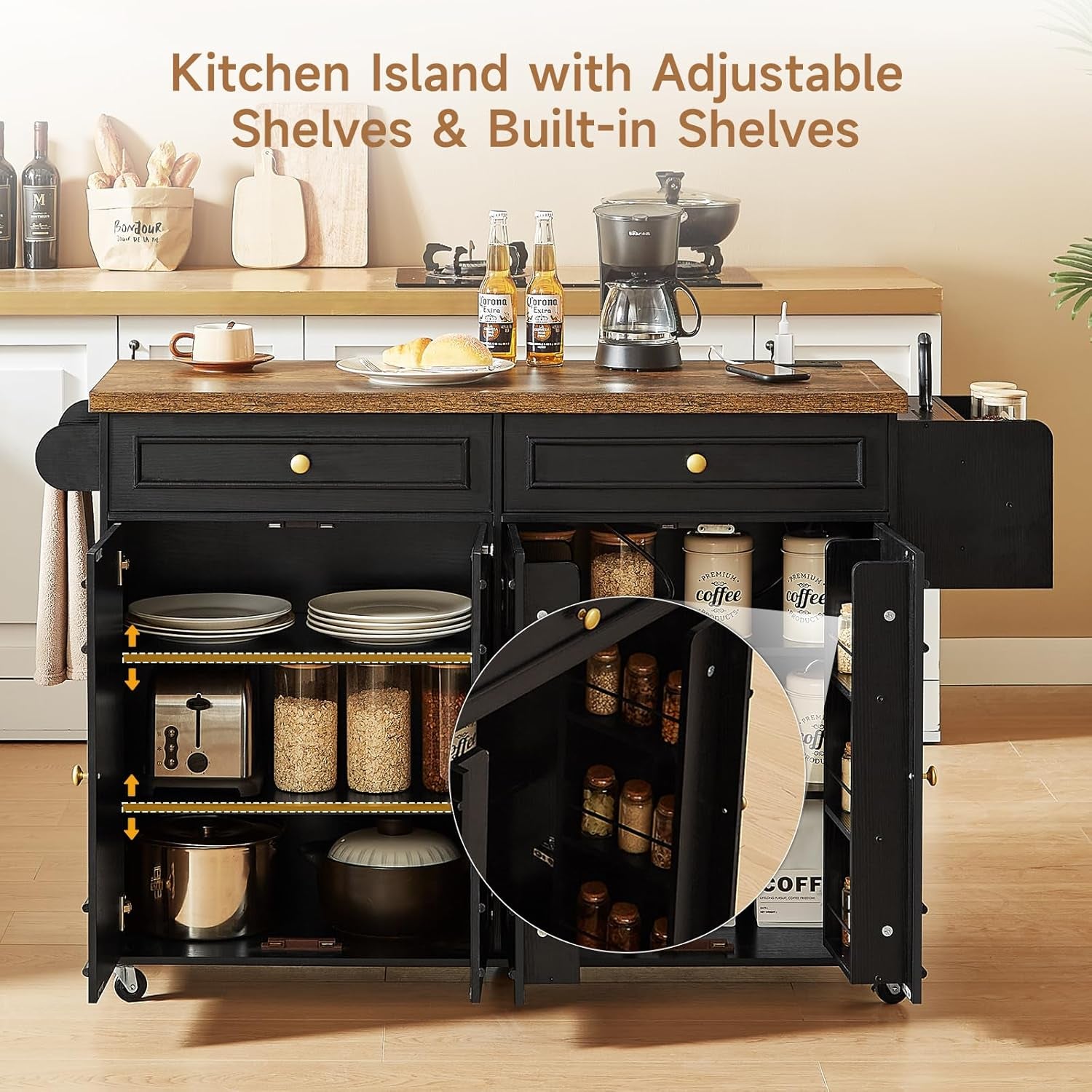 58" Mobile Kitchen Island, Kitchen Island Cart with Power Outlet, Island Table for Kitchen, Home Bar Carts with Storage, Kitchen Rolling Island with Spice Rack & Towel Rack & Knife Holder