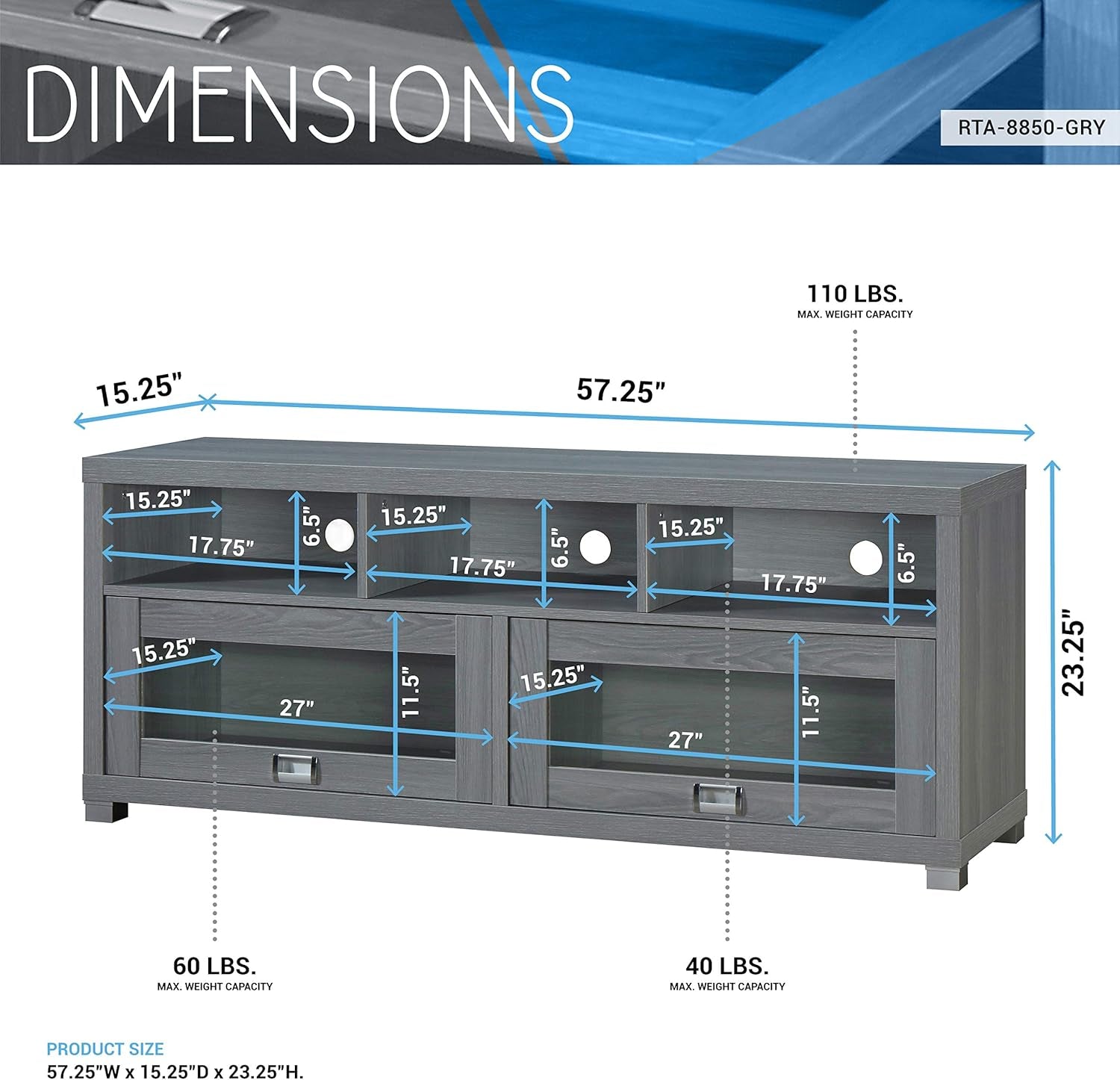 65” TV Stand with Storage & Glass Display Cabinets, Grey TV Stand for Living Room or Bedroom with Cable Management, Fits Screens up to 65 Inches When Measured Diagonally, Grey