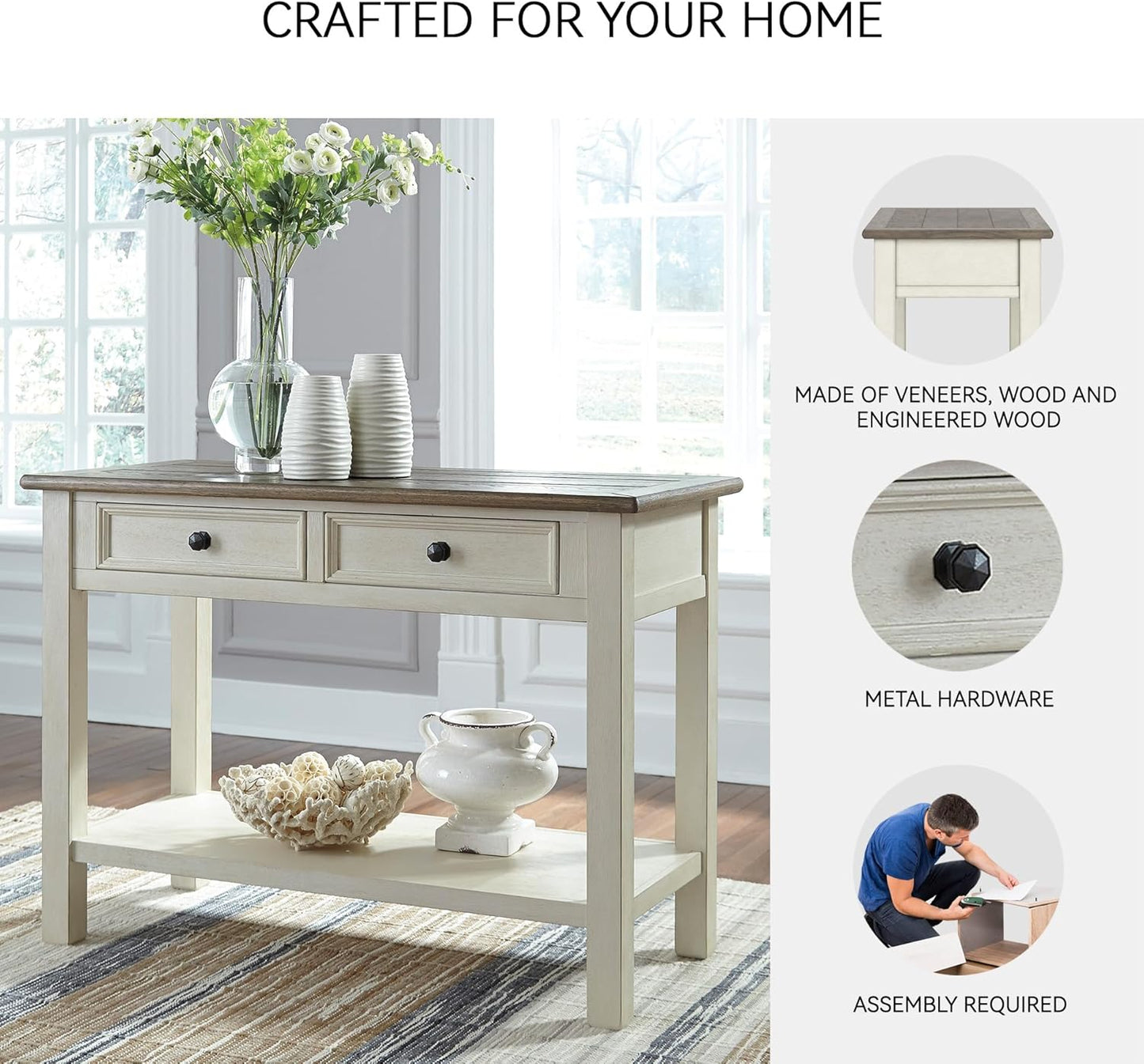 Bolanburg Sofa Table, Two‑Tone Wood Console with Drawers, Antique Finish with Metal Hardware, Ideal for Entryway or Living Room Display, Antique White