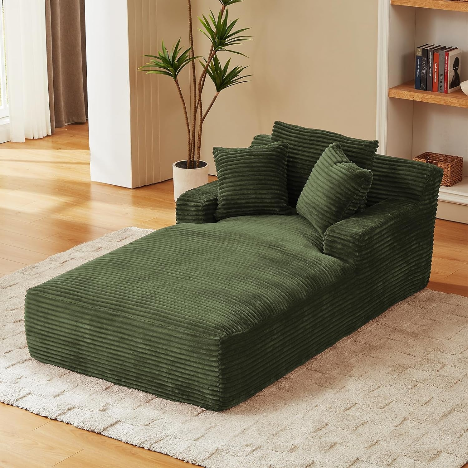 78.7" Chaise Lounge Chair Indoor, Oversized Boneless Couch Comfy Upholstered Sleeper Sofa Bed with 3 Pillows, Corduroy Cloud Reading Chair for Living Room No Assembly Required, Green