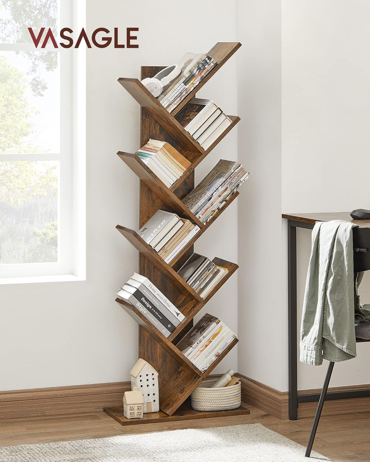 Tree Bookshelf, 5-Tier Bookcase, Small Bookshelf, Space-Saving Corner Shelf, Book Tree, Holds Books, Cds, Games, for Bedroom, Living Room, Home Office, Cloud White ULBC183T14