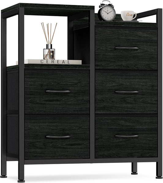 5 Drawer Black Dressers for Bedroom 2 Tier Shelf Storage Small Fabric Dresser for Closet Sturdy Metal Frame Modern Style Storage Cabinets Organization Units for Hallway Rooms