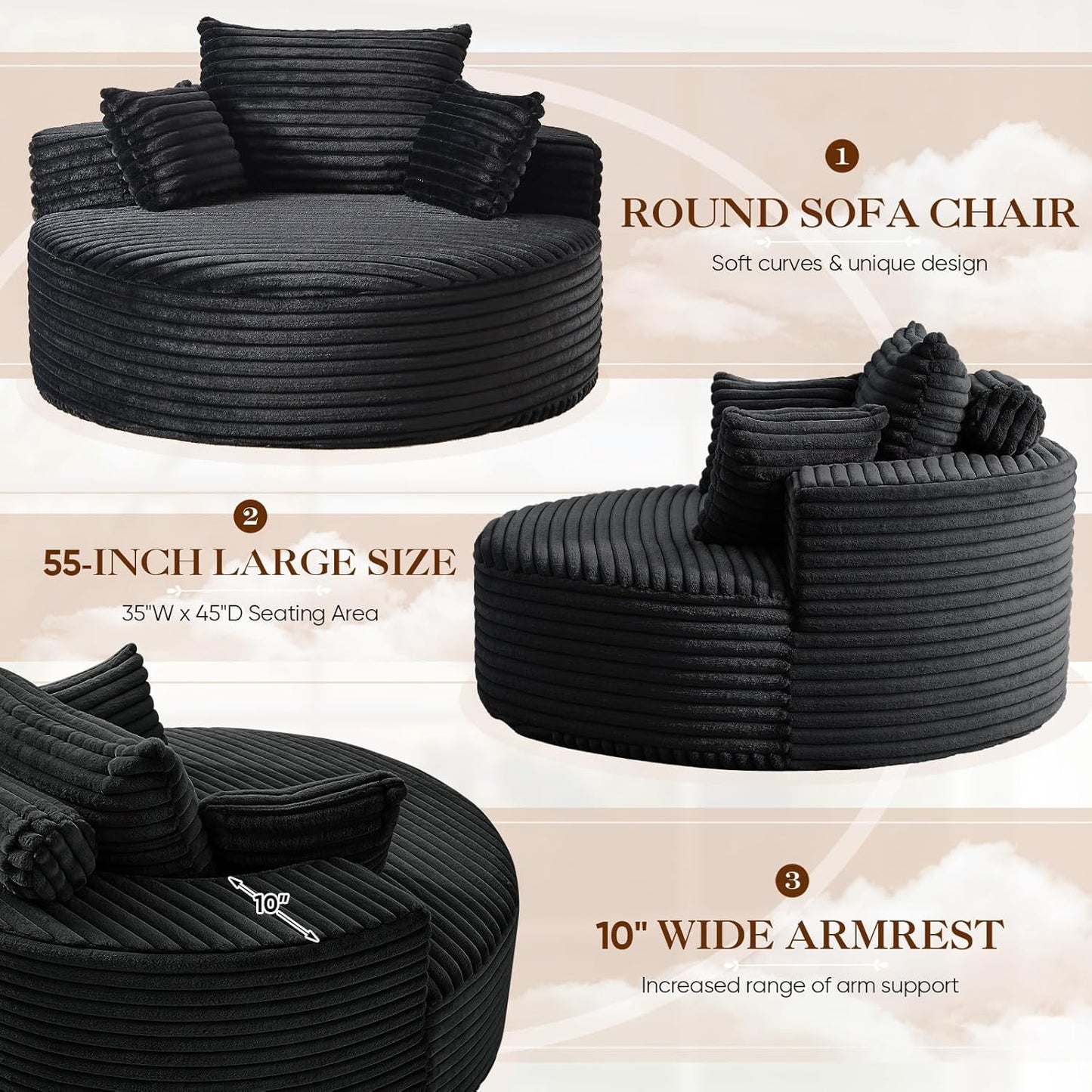 Oversized round Chaise Longue Chair Indoor, Modern 55-Inch Upholstered Corduroy Deep Seat Circle Single Cloud Lounge Floor Sofa Chair for Living Room, Bedroom Apartment, Black