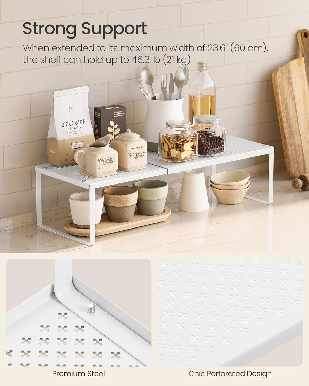 Spice Racks, Set of 2 Expandable Kitchen Countertop Shelves, Small Cupboard Organizers, Metal, Space-Saving Tabletop Shelves, Matte White UKCS402W01