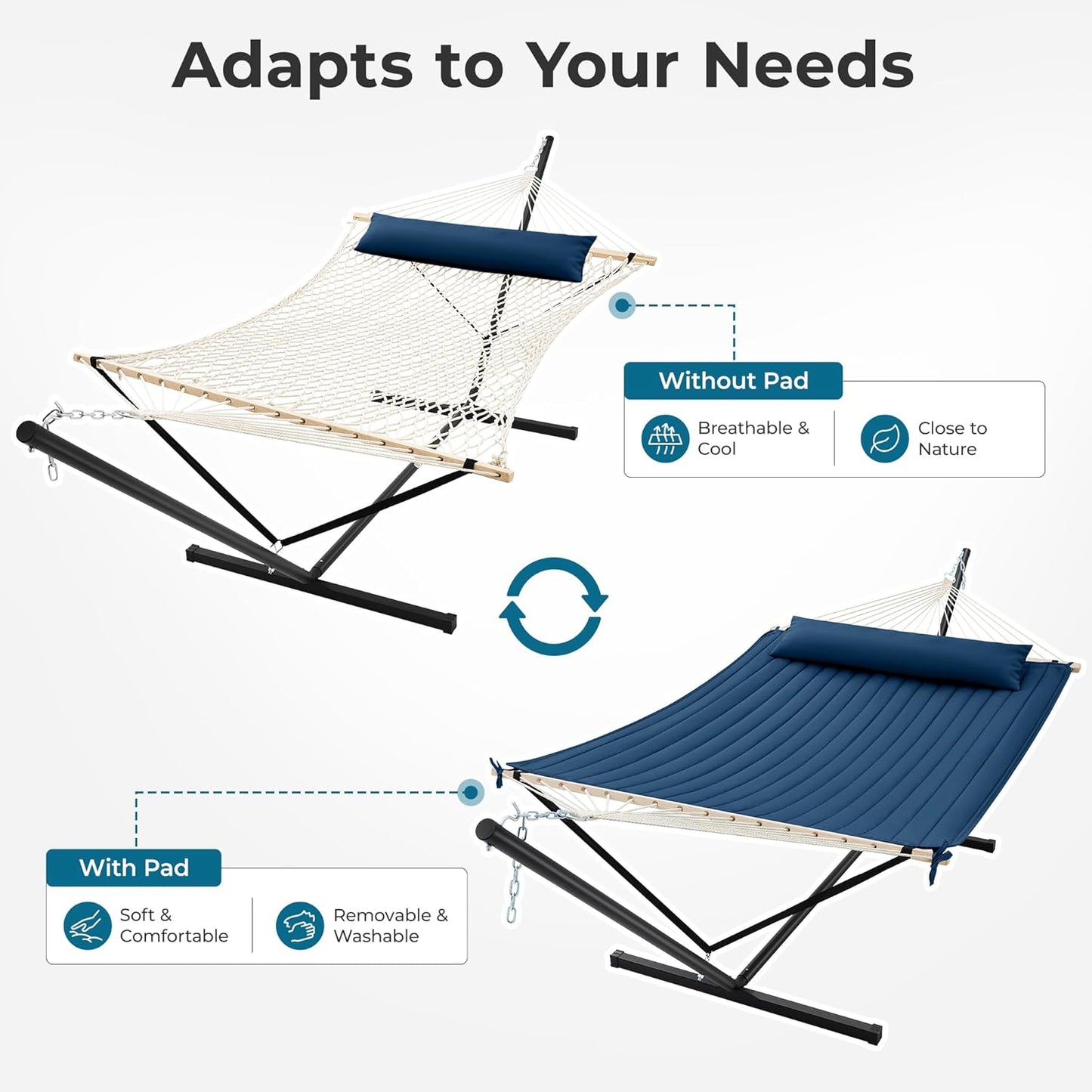 12Ft Double Hammock with Stand, Rope Hammock for 2 Person, Detachable Hammock Bed and Pillow, Portable, Anti-Tip Safety Ropes, Carry Bag, Outdoor Backyard Patio Camping, Navy Blue