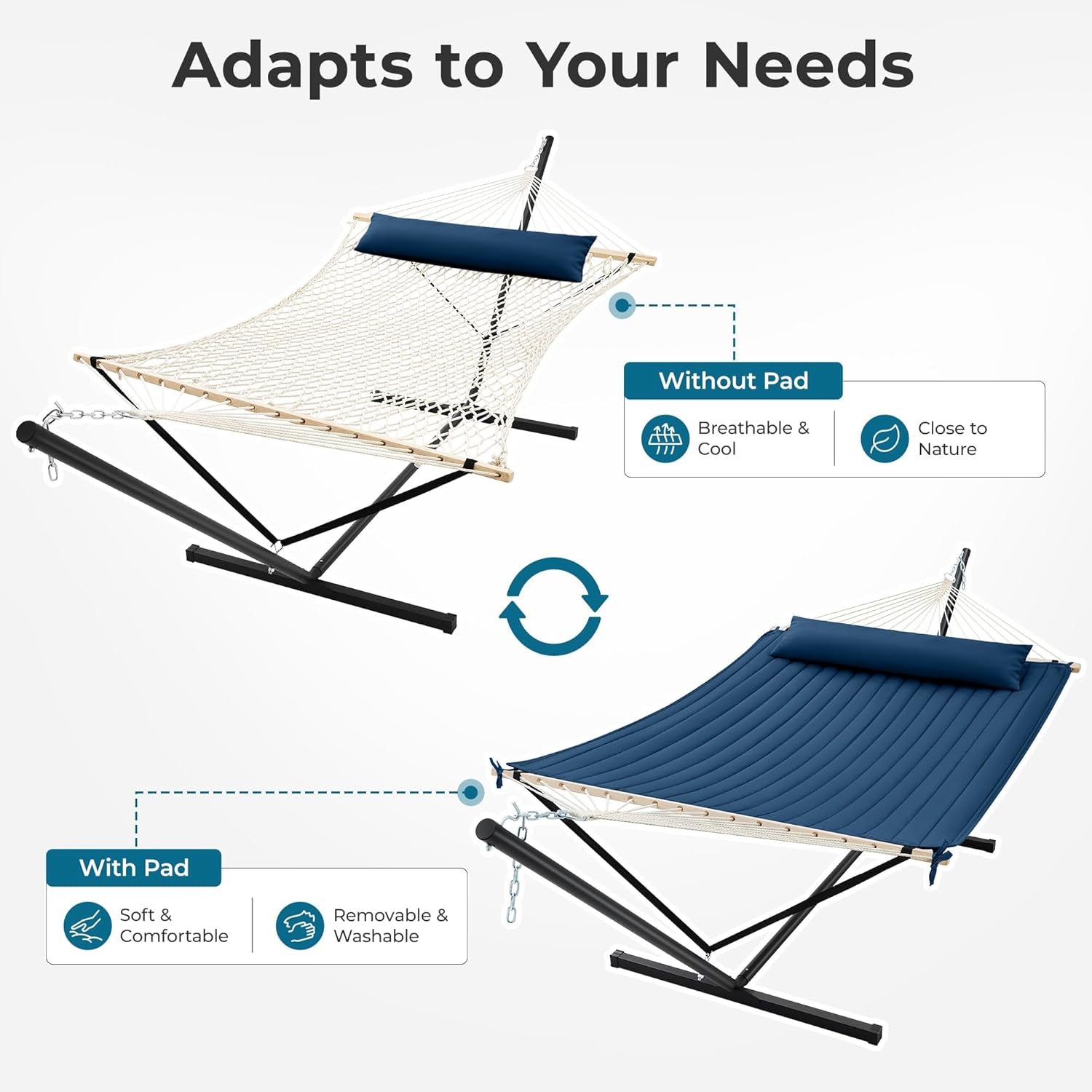 12Ft Double Hammock with Stand, Rope Hammock for 2 Person, Detachable Hammock Bed and Pillow, Portable, Anti-Tip Safety Ropes, Carry Bag, Outdoor Backyard Patio Camping, Navy Blue