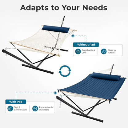 12Ft Double Hammock with Stand, Rope Hammock for 2 Person, Detachable Hammock Bed and Pillow, Portable, Anti-Tip Safety Ropes, Carry Bag, Outdoor Backyard Patio Camping, Navy Blue