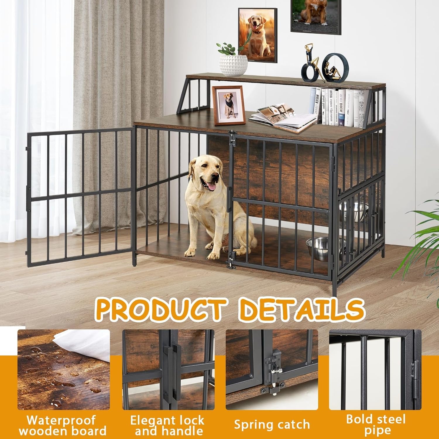 Heavy Duty Dog Crate Furniture -  40” Large Dog Kennel Furniture with Elevated Stainless Steel Bowls, Wooden Dog Crate with Storage, Brown Dog Crates for Small Medium Dogs