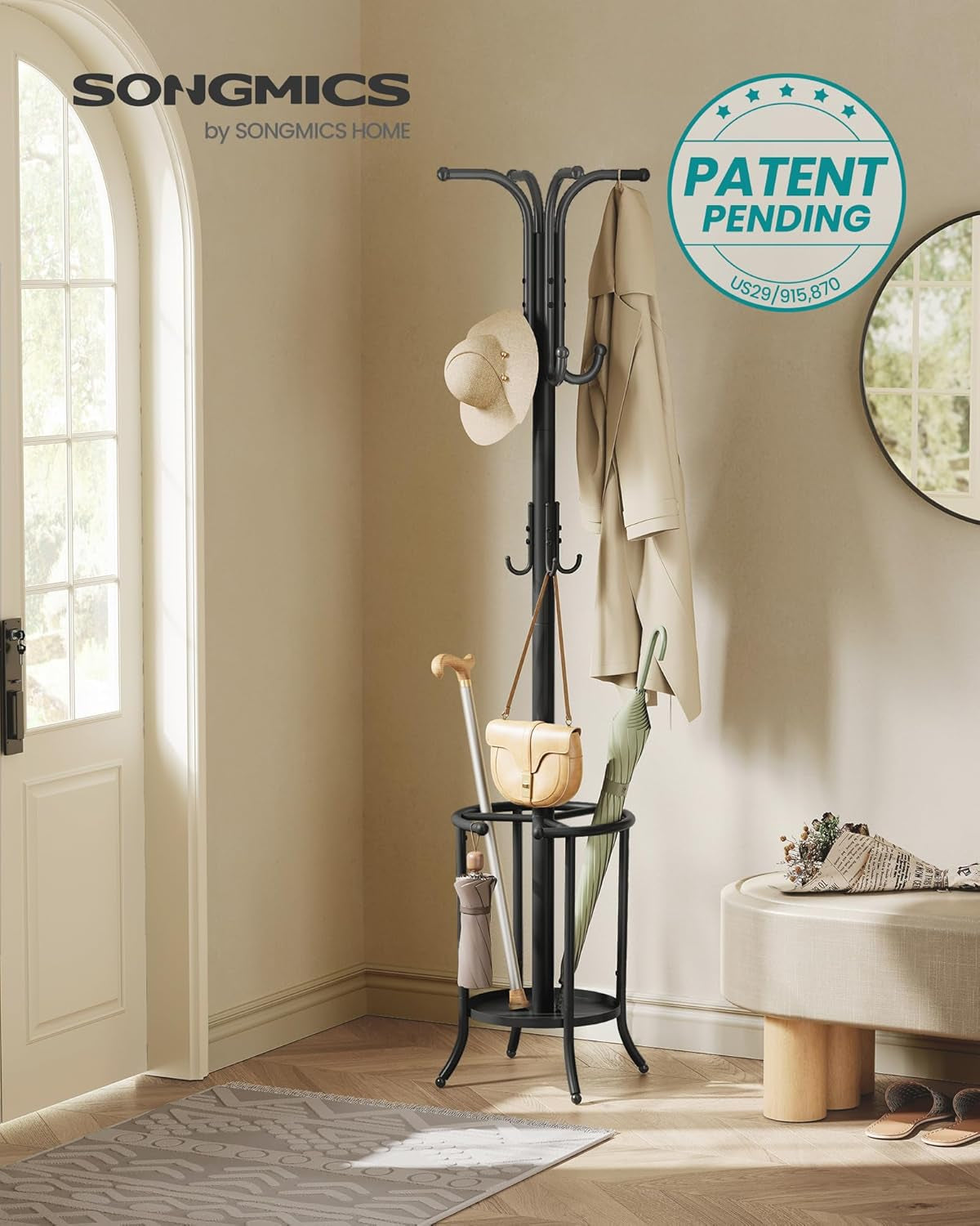 Coat Rack Freestanding, Coat Rack with Umbrella Holder with 12 Hooks, for Entryway, Hallway, Living Room, Bedroom, Ink Black URCR011B01