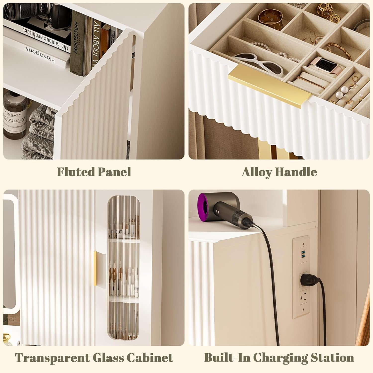 45" Modern Makeup Vanity Desk with Mirror and Lights, Makeup Vanity with 5 Shelves& 2 Drawers and Cabinet, Vanity Table with Power Outlet, 3 Color Adjustable Lighting Dressing Table Set for Bedroom