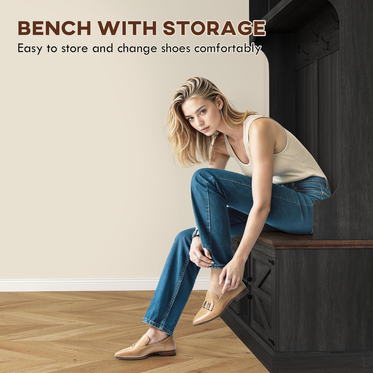 3-In-1 Hall Tree with Storage, Farmhouse Coat Rack with Bench, Standing Shoe Rack with Seven Hooks for Entryway, Black Wood Grain