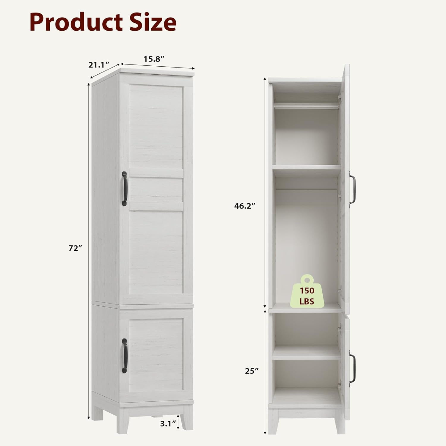 Armoire Wardrobe Closet with 2 Doors,72" Wooden Wardrobe Cabinet with Hanging Rod, Narrow Tall Clothing Armoire Cabinet with 18 Adjustable Shelves for Bedroom, Clothes, Rustic White