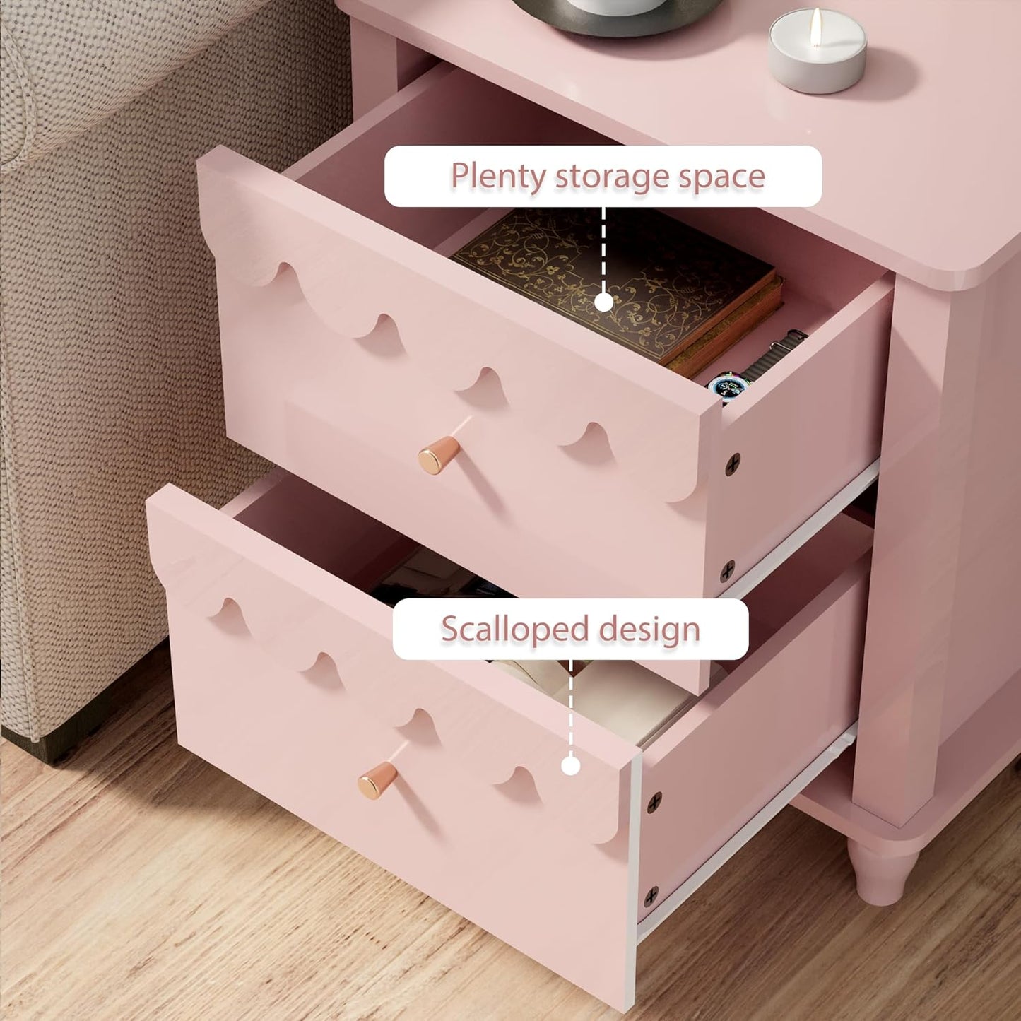 Pink Nightstand Side End Table with 2 Drawers, Modern Night Stand with Petal Pattern for Bedroom, Scalloped Bedside Night Tables with Solid Wood Legs
