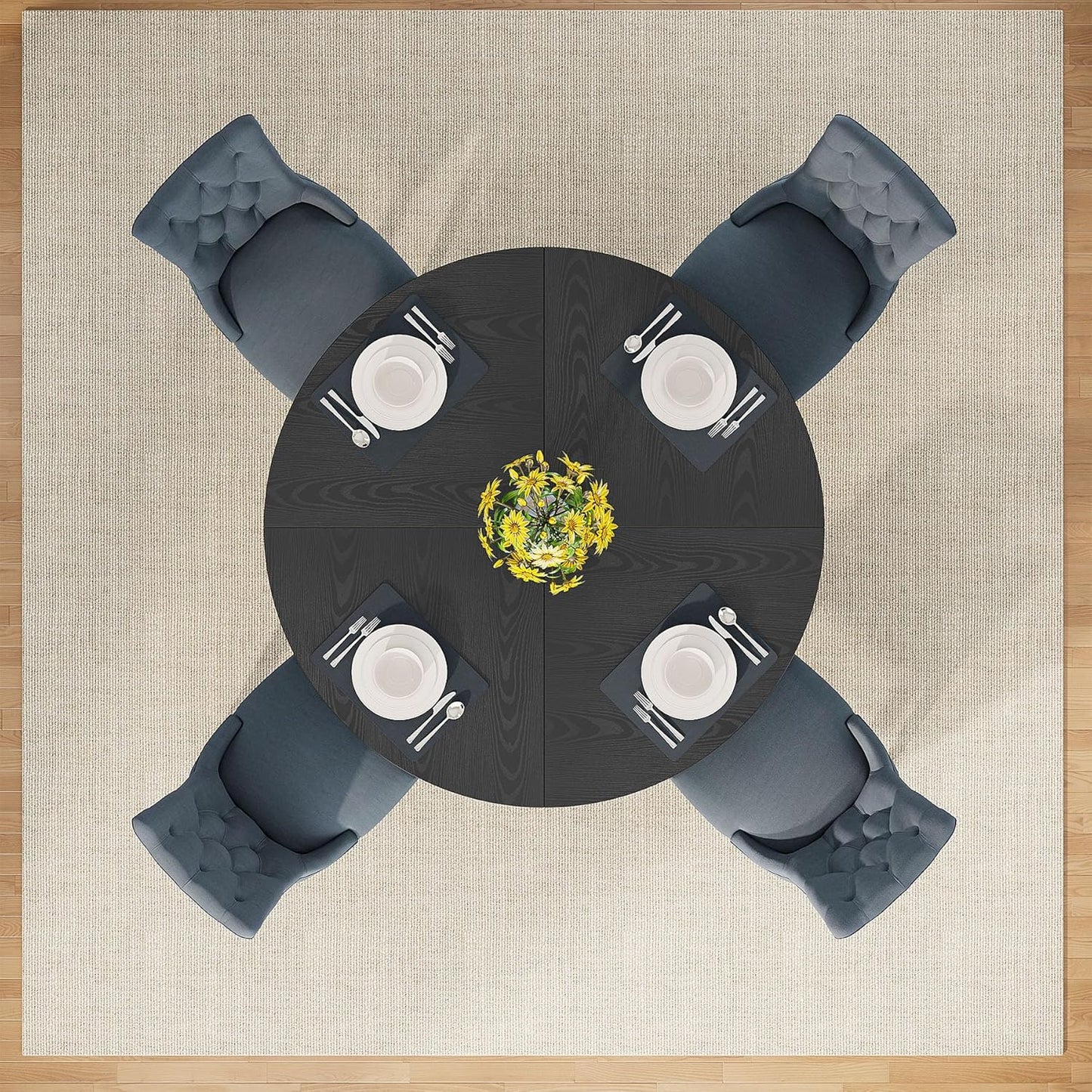 round Dining Table Wood Kitchen Table for Dining Room, 47 in Dinning Room Tables for 4 Man, Farmhouse Dinner Table with Wooden Tabletop and Cross Base, Black