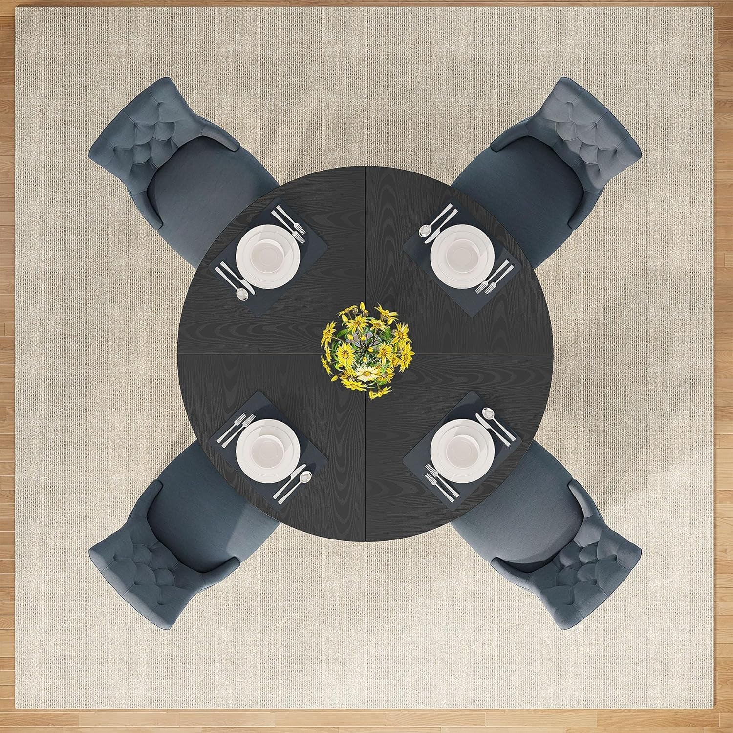 round Dining Table Wood Kitchen Table for Dining Room, 47 in Dinning Room Tables for 4 Man, Farmhouse Dinner Table with Wooden Tabletop and Cross Base, Black