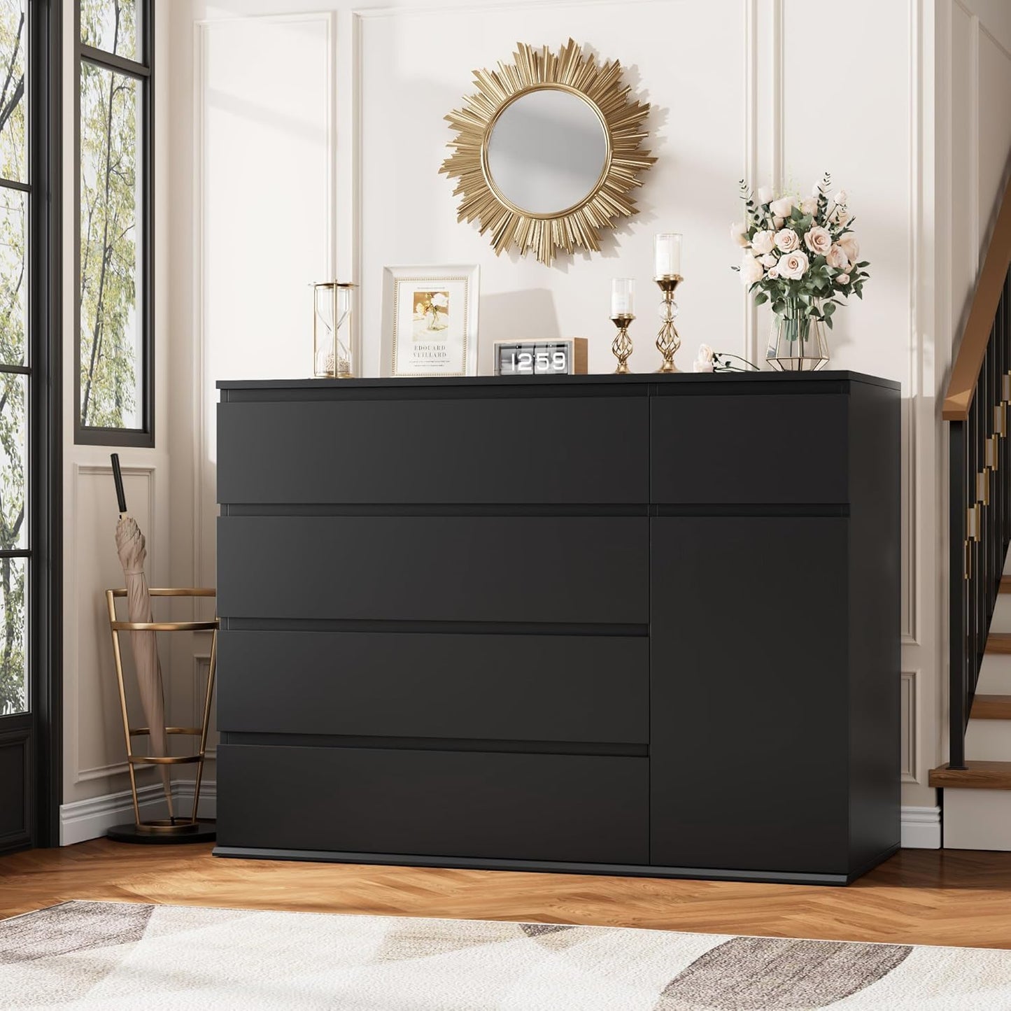 5 Drawer Dresser, Black Dresser for TV Stand, Double Wide Storage Chest of Drawers with Door, Deep Drawers and Wide Storage Space