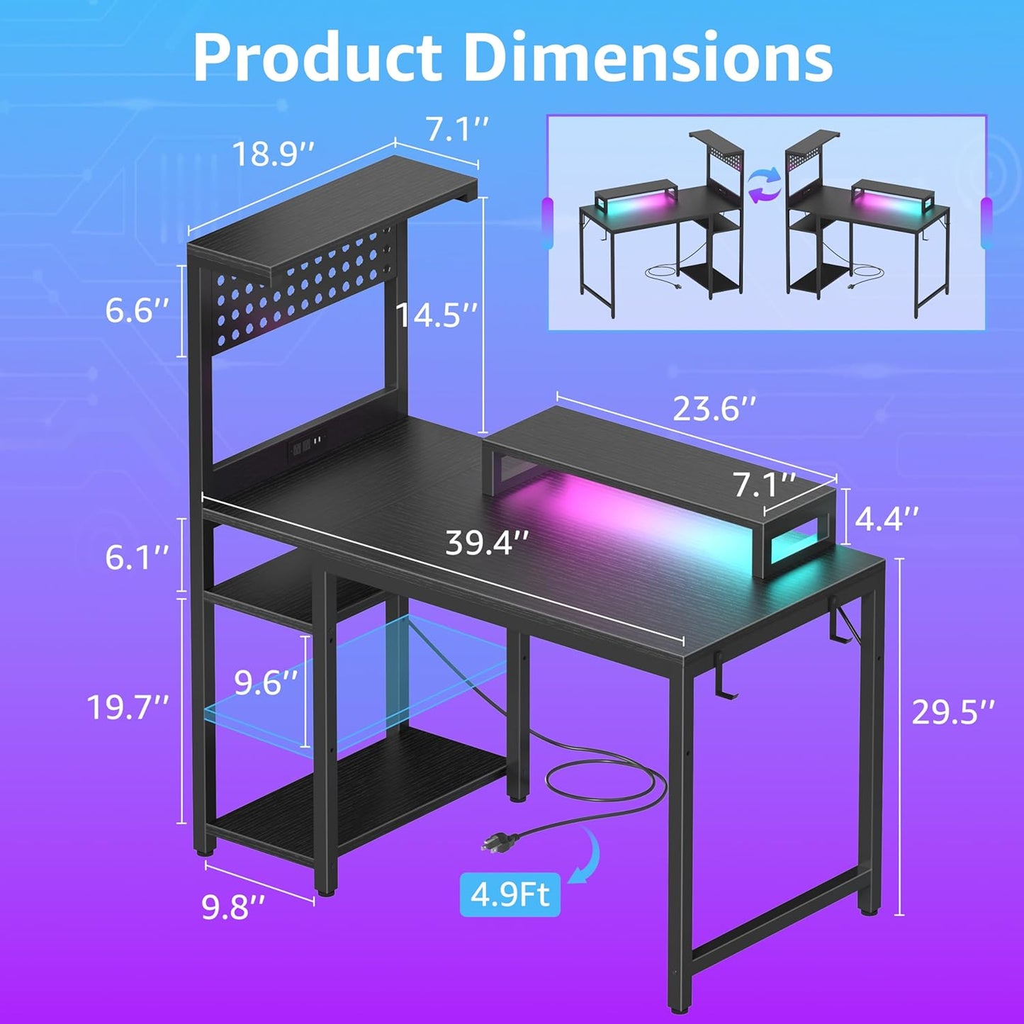 40 Inch Small Gaming Desk with Pegboard Shelves Computer Desks with Led Lights Power Outlets PC Monitor Stand Reversible Storage Shelf Table for Bedroom Small Space, Black
