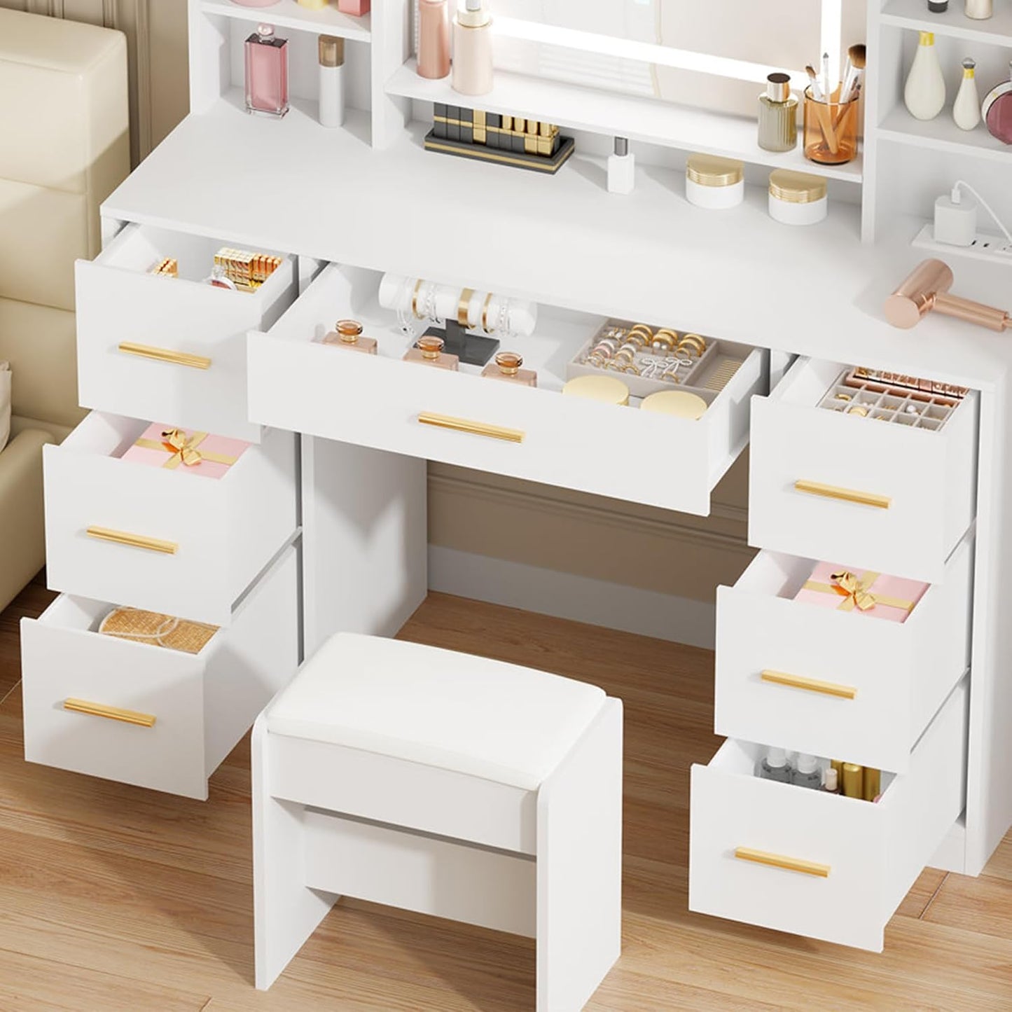 Vanity Desk Table with Lighted Mirror 39.4“ Girls Makeup Vanity with Power Outlet 3 Colors Lighting Adjustable Brightness Vanity Table for Women Bedroom Dressing Room White UBDT65W