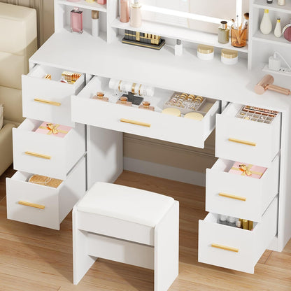 Vanity Desk Table with Lighted Mirror 39.4“ Girls Makeup Vanity with Power Outlet 3 Colors Lighting Adjustable Brightness Vanity Table for Women Bedroom Dressing Room White UBDT65W