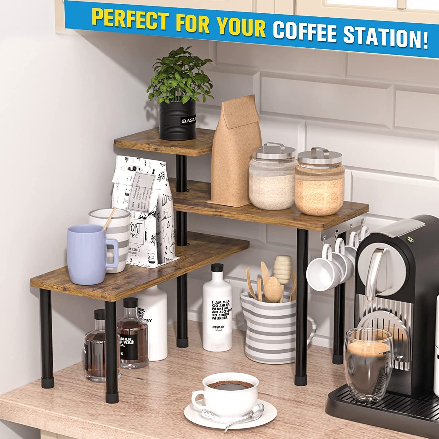 Countertop Organizer Organization, 3 Tier Moveable Corner Shelf Organizer for Kitchen, Bathroom, Spice Rack, Coffee Area, over Sink, Dresser Table (Rustic Brown)