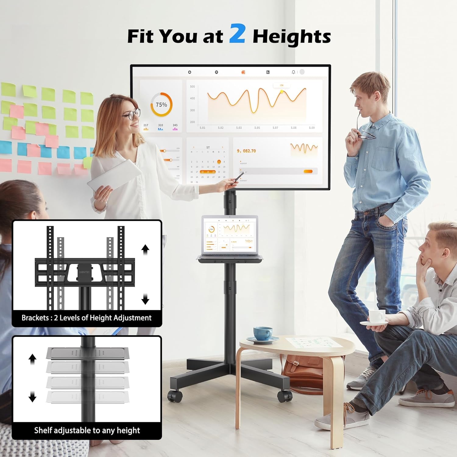 Mobile TV Stand with Tilt Function, Rolling TV Stand for 23-60" LED, LCD, OLED Tvs, Holds up to 88Lbs, Max VESA 400X400Mm, Adjustable Media Shelf (Black, 17.1X15.1X53.1 In)