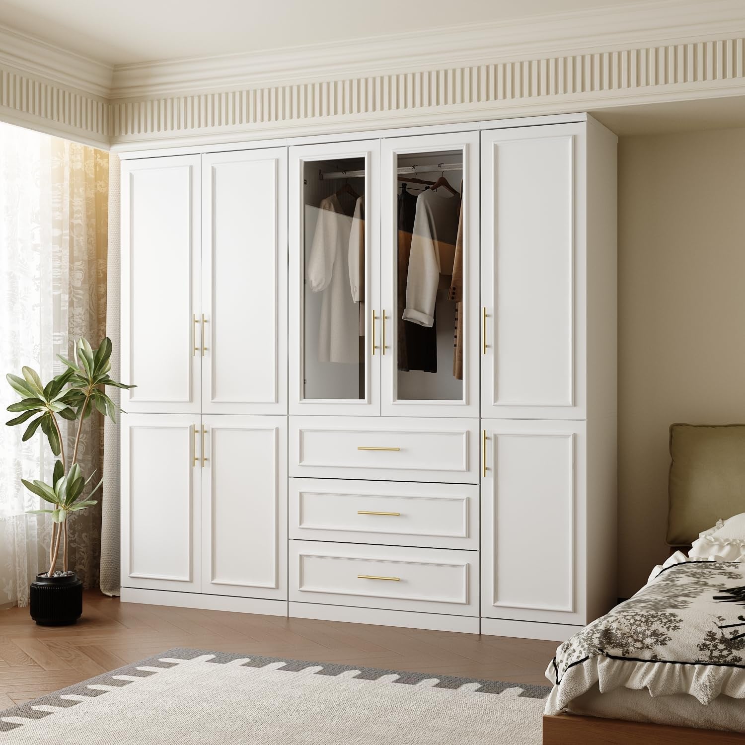 Wardrobe Closet Collection with Doors, Modern White Bedroom Armoire System with Gold Handles, Modern Clothes Storage Cabinet with Drawers, Shelves, Hanging Rods, 79.1”W X 19.3”D X 74.8”H