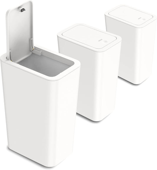 3 Pack 10L / 2.6 Gallon Small Trash Can with Lid, Bathroom Garbage Can with Pop-Up Lid, Waste Basket for Bathroom, Kitchen, Bedroom, Powder Room, Craft Room, Office, College (Off White)