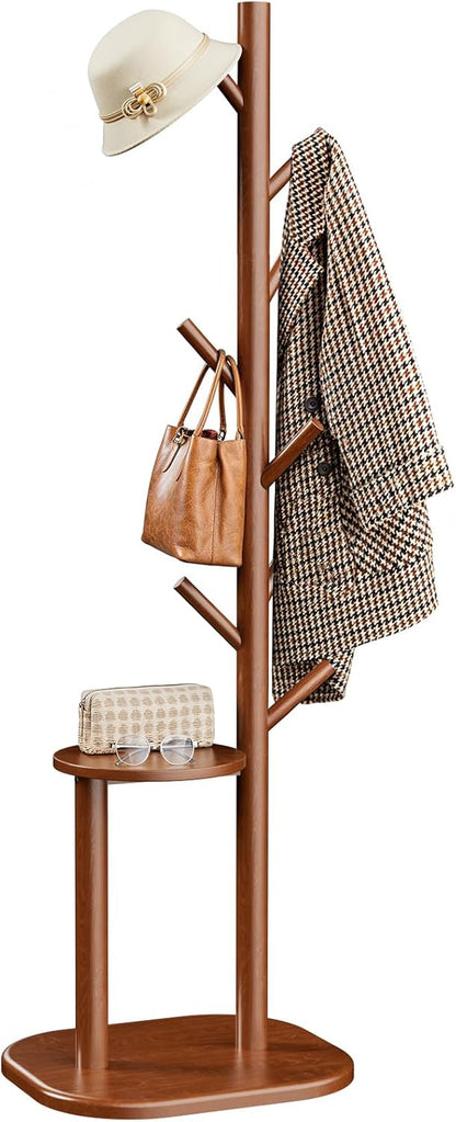 Coat Rack, Freestanding Hall Tree with 8 Hooks & Storage Shelf, Solid Wood Base, 66.3″ Tall Coat Rack Stand for Coats, Hats, Bag in Entryway, Bedroom, Living Room, Brown, PIFCR11BN