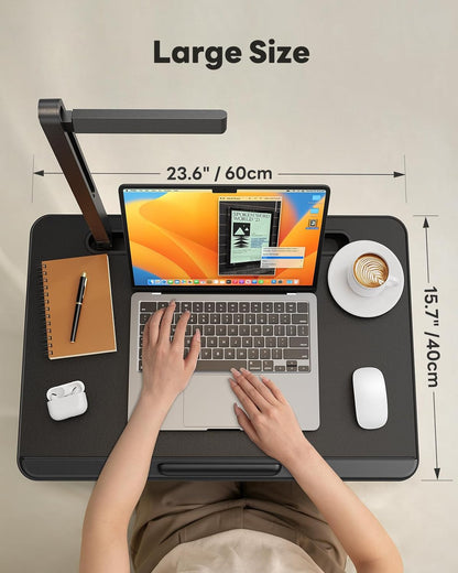 Laptop Table with LED Desk Light,  Laptop Stand for Bed, Height Adjustments Bed Desk with Book Stand for Reading Writing Drawing (Black)