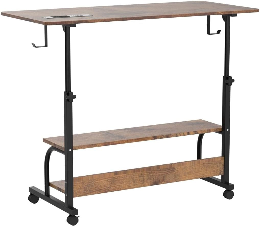 Height Adjustable Standing Desk with Power Outlets, 39" Manual Stand up Desk with Storage Shelves Small Mobile Rolling Computer Desk Portable Laptop Table with Wheels for Home Office, Rustic