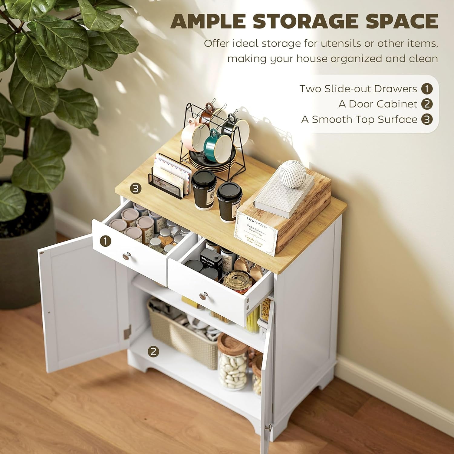 Sideboard with Solid Wood Countertop, Modern Kitchen Storage Cabinet, Coffee Bar Cabinet with 2 Drawers, Doors and Adjustable Shelf, White