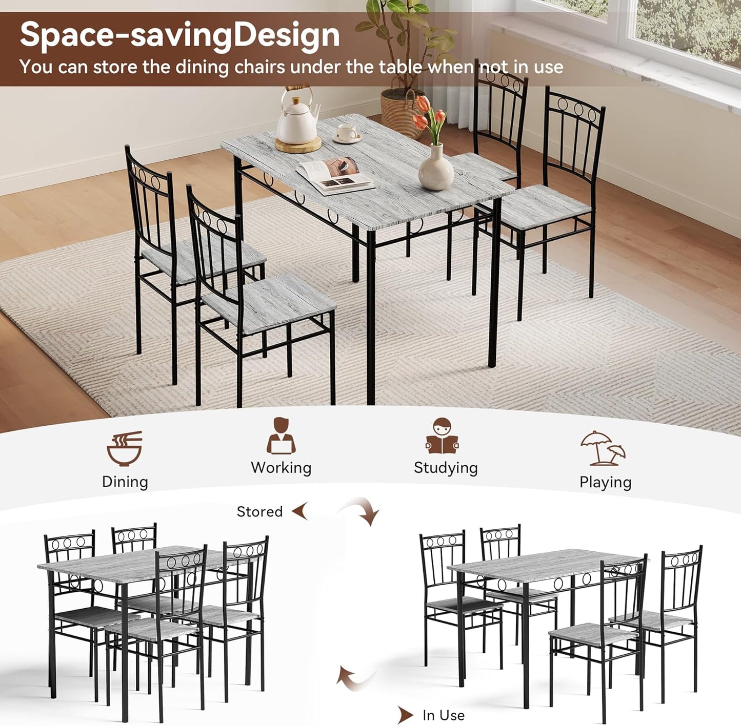 Kitchen Dining Table Set for 4, 5-Piece Kitchen Table Set,Dining Room Table Sets,Rectangular Kitchen Table Set with 4 Chairs for Small Space, Dinette,Apartment,Rustic Grey