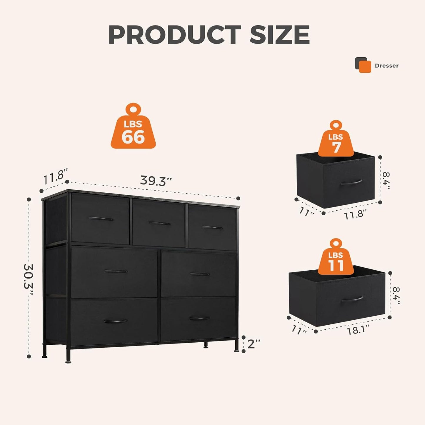 Fabric Storage Tower Dresser with 7 Drawers TV Stand Organizer Sturdy Steel Frame Wood Top for Closet Bedroom Hallway,Black