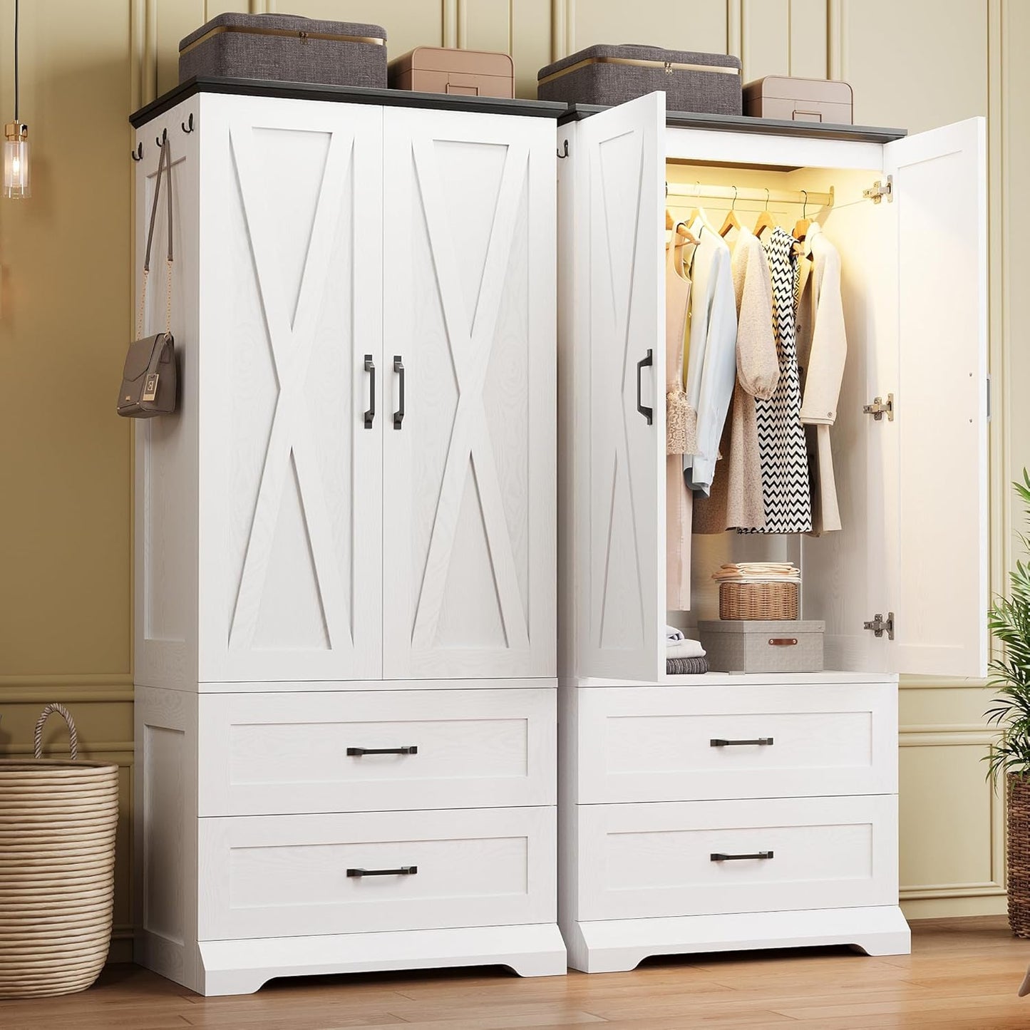 Armoire Wardrobe Closet 70.9" H, Bedroom Wooden Wardrobe with 2 Doors, 2 Drawers and Sensor Light, Clothing Storage Cabinet Organizer Combination with Hanging Rod, Hooks, White