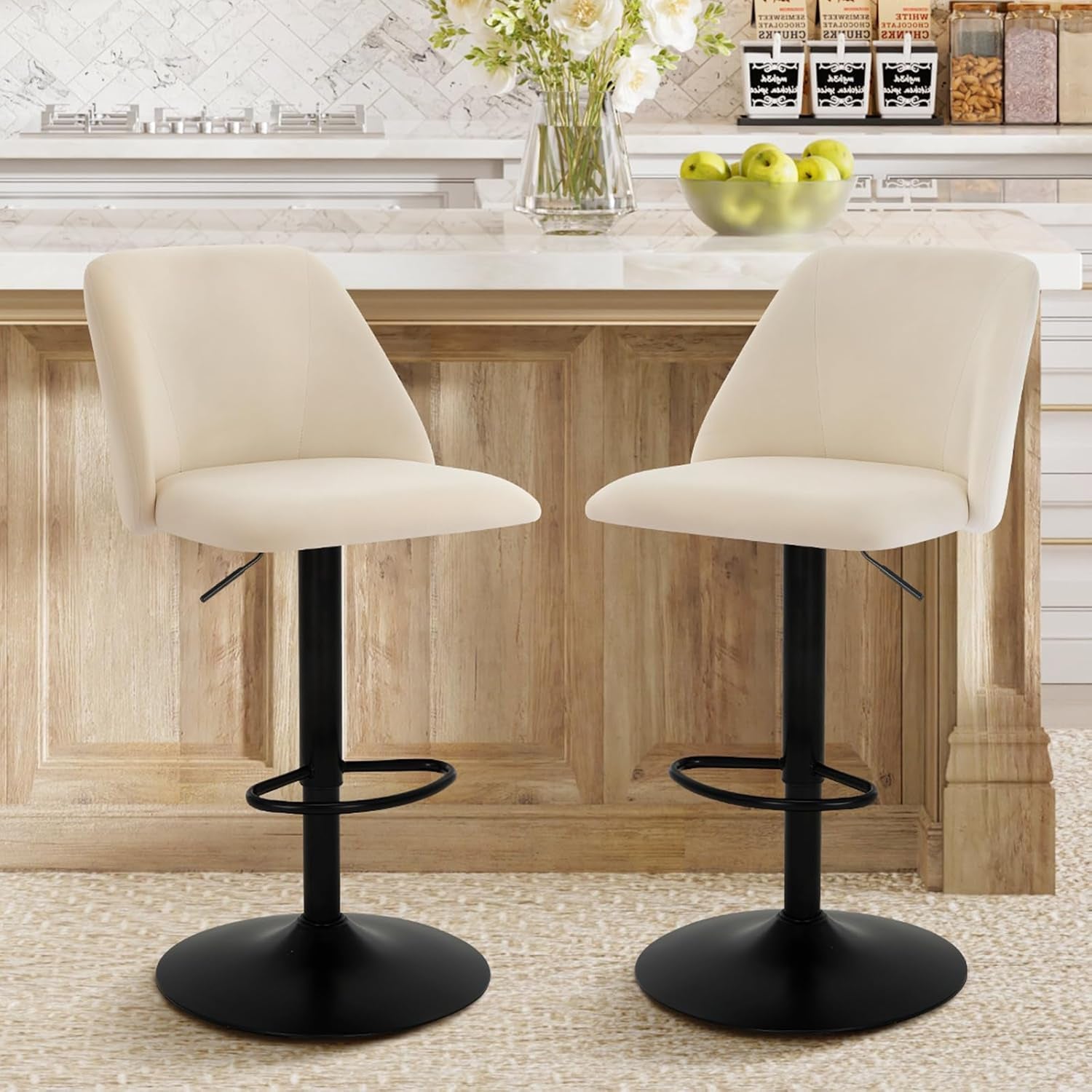 Bar Stools Set of 3, Modern Swivel Bar Chairs, Adjustable Upholstered Barstools Counter Height with Full Backrest for Bar, Dining Room, Kitchen Island, Beige
