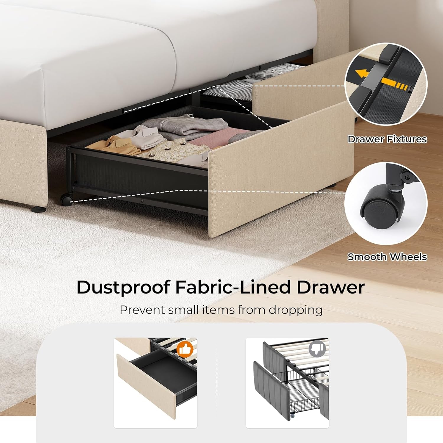 Queen Bed Frame with Storage, Tall Headboard Upholstered Platform Bed with 4 Dustproof Drawers, 2-Tier Storage Headboard Wingback, LED Light & Charging Station, 47''-51'' Height Adjust, Beige