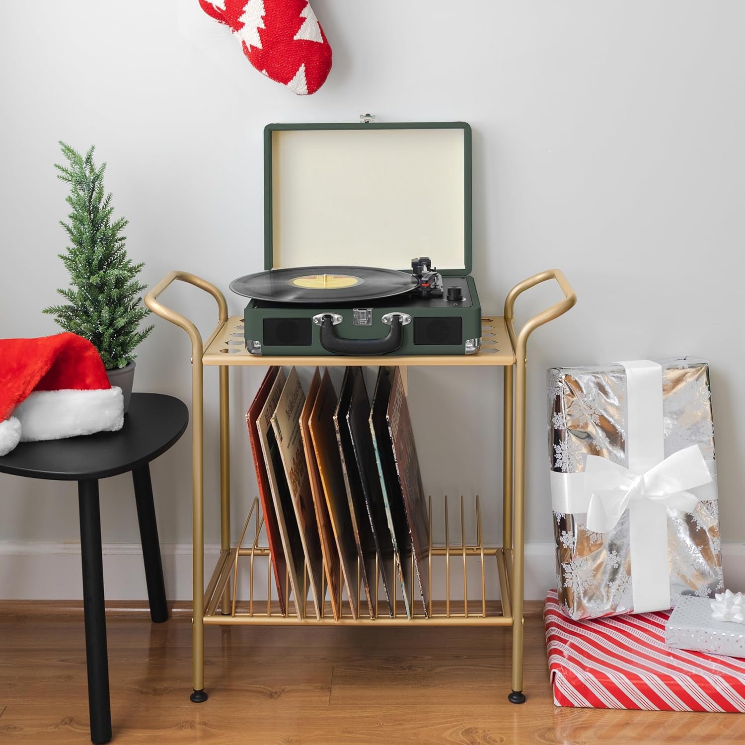 2-Tier Record Player Stand - Gold Metal Vinyl Records Stand with Shelves - Vinyl Player Table with 14 Slots