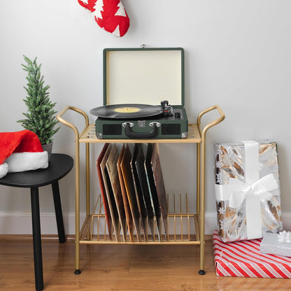 2-Tier Record Player Stand - Gold Metal Vinyl Records Stand with Shelves - Vinyl Player Table with 14 Slots