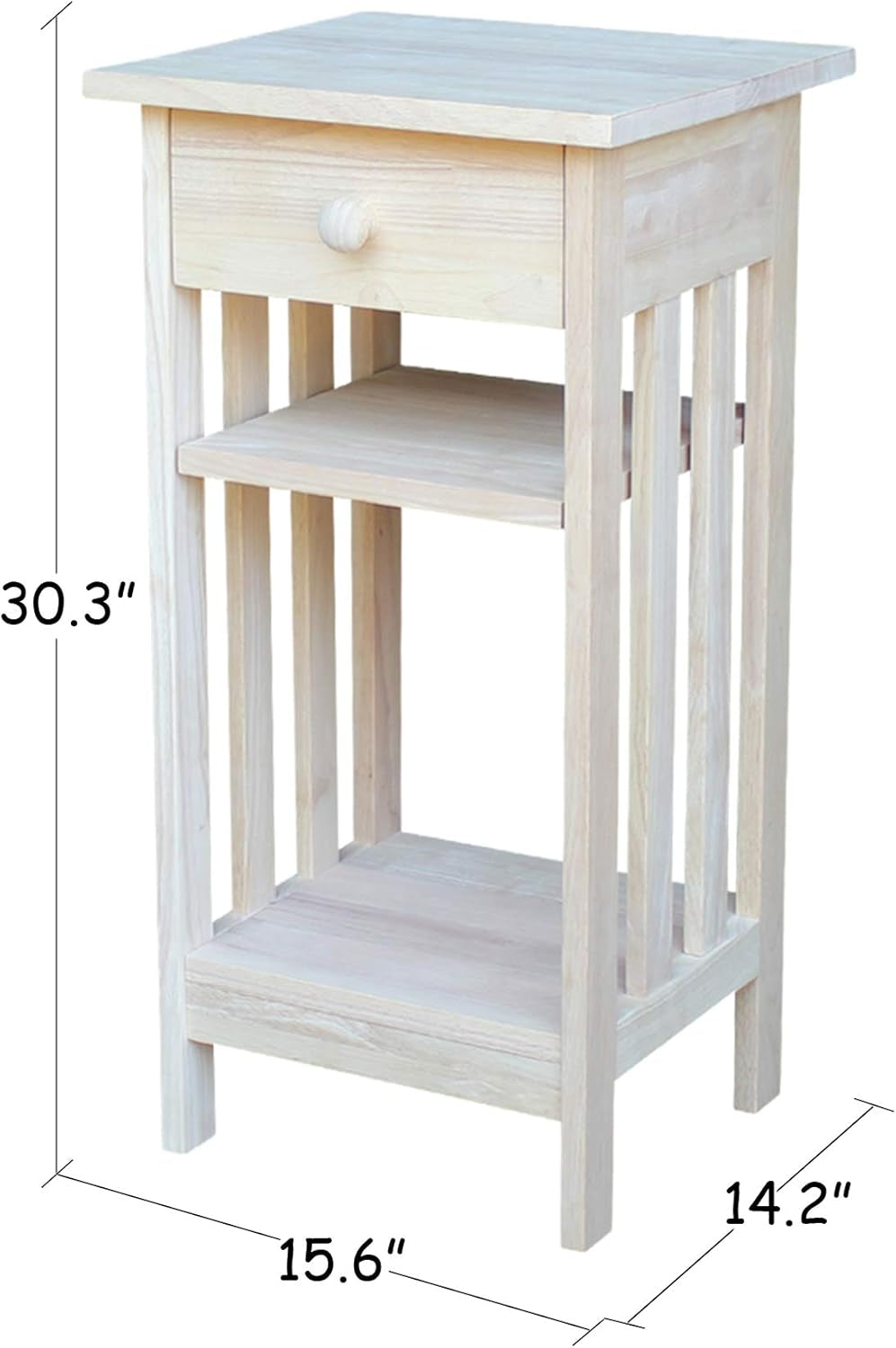, Mission Telephone Stand , Solid Wood, Real Parawood, 15.6" W X 14.2" D X 30.3" H, Easy Assembly, DIY, Paint or Stain Your Way, Unfinished
