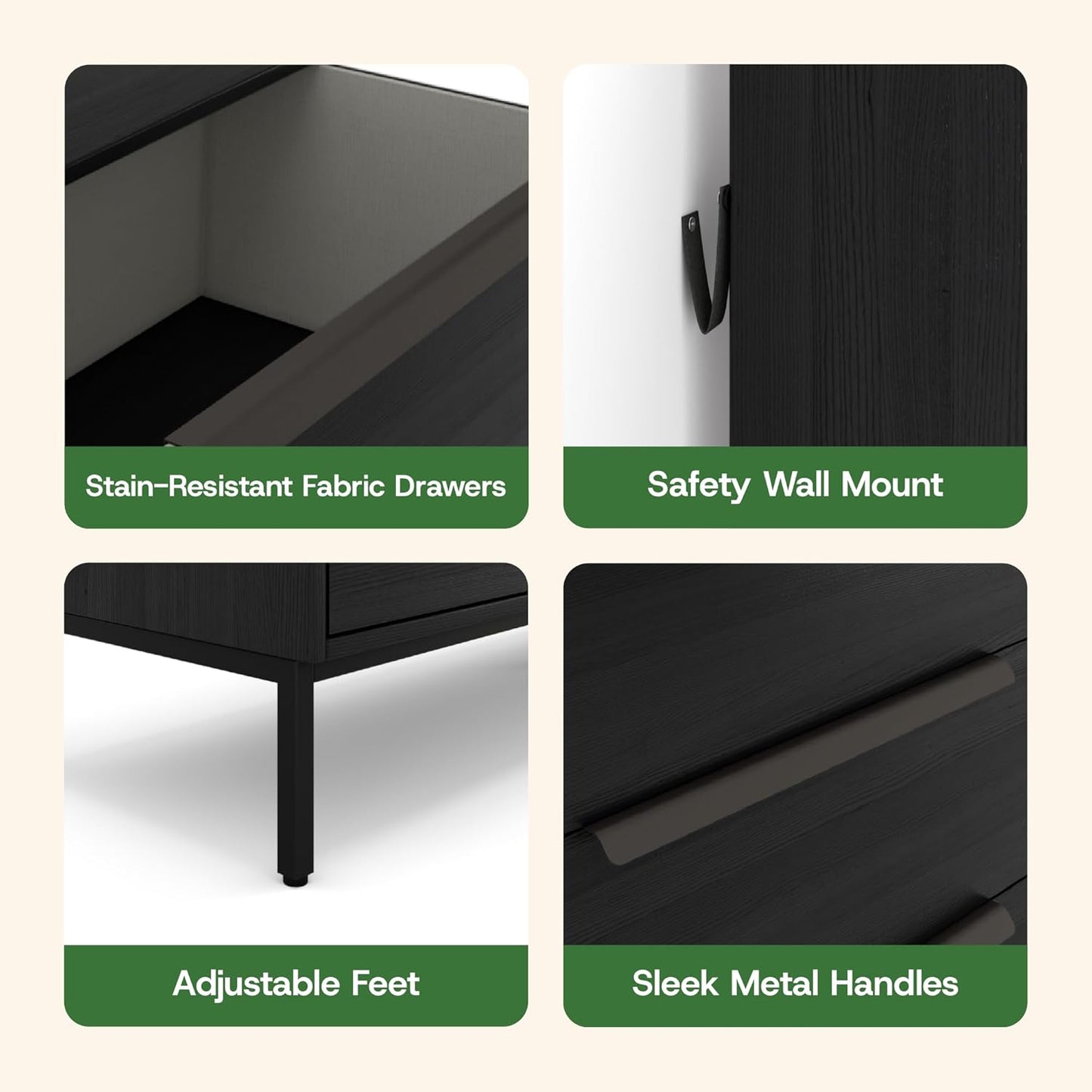 Lira Premium Fabric Dresser - Solid Wooden Frame, 8 Spacious Sag-Proof Drawers with Sleek Metal Handles - Premium & Durable Storage Solution for Your Home (Black)